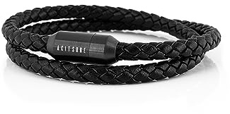 Akitsune Suprema magnetiskt läderarmband | armsmycken kvinnor män rostfritt stål dubbelt lindat armband matt svart silver, Rostfritt stål