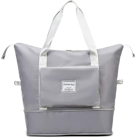 Großes Sporttäschchen für Herren und Damen - faltbare Reisetasche mit Schulterriemen - Wasserabweisendes Reisehandgepäck mit Nässebereich - leichtgewichtig (Grau)