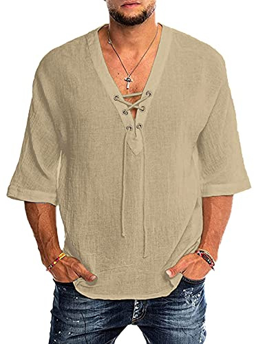 YAOBAOLE Chemise Lin Homme Manches 3/4 Regular Fit Chemise Été Homme Leger en Lin Hommes Chemises Casual Plage Chemises Kaki M