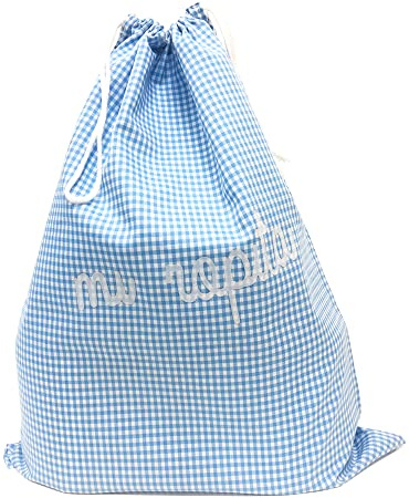 Bolsa de tela Vichy celeste reutilizable y lavable para múltiples usos | Bolsa de tela Vichy celeste, reutilizable y lavable. Ideal para organizar ropa, calzado, accesorios y objetos personales.