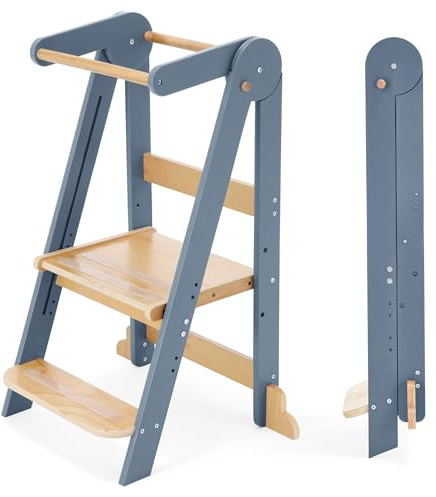 HARPPA Nordi Foldable Toddler Kitchen Tower, Montessori Kitchen Learning Helper, Standing Tower with 3 Adjustable Heights, Suitable Age for 18-48 Months, Grey