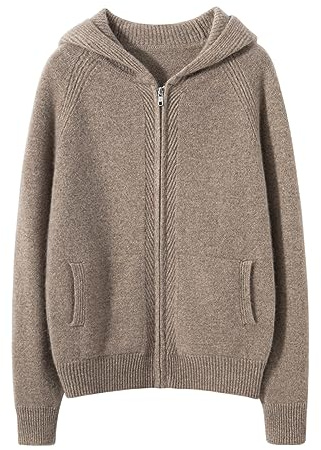 DISSA Gilet Cachemire Femme Capuche Marron Fermeture éclair Tricoté en Vrac Manches Longues épais Cardigan en Cachemire et Laine,40,ZSBR8336