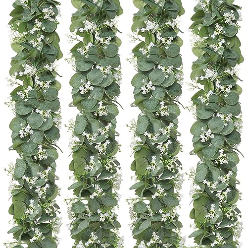 KHOYIME Eucalyptus Garland with White Flowers, 4 Packs 5.9Ft Artificial Silver Dollar Eucalyptus Leaves Plant Fake Greenery Hanging Ivy Vines Faux Wreath for Wedding Arch Party Mantle Table Home Decor