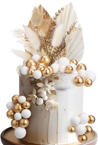 Candcamp 51 Pcs Dried Flowers for Cakes, Ball Cake Insert Decoration, Gold Cake Decorations, Gold Palm Leaves Cake Topper for Wedding Birthday Party Baby Shower Valentine's Day