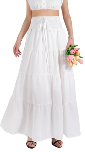 MYSSUCI Jupe Longue Femme de Taille Haute Elastique Maxi Jupe Ete A-Ligne 2 en 1 Jupe Boheme pour Décontractée Vacances L'été et la Plage(Blanc,M)