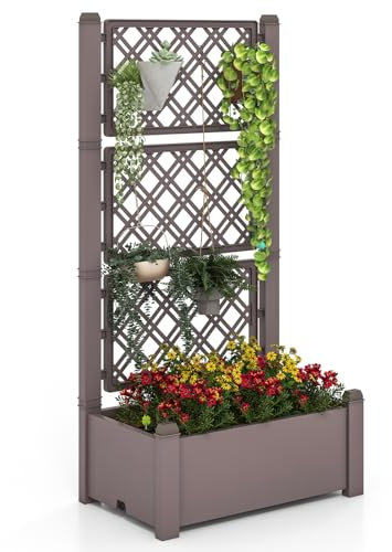 RELAX4LIFE Hochbeet mit Rankgitter, Blumenkasten mit 3-Stufigem Spalier, Rankkasten mit Wasserstandsanzeige Drainageloch Abnehmbaren Trennwänden, für Kletterpflanzen (Kaffee)