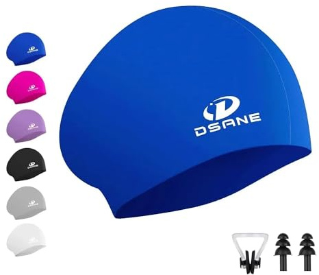 Womens Silicone Swim Cap for Long Hair,3D Ergonomic Design Silicone Swimming Caps for Women Kids Men Adults Boys Girls with Ear Plug and Nose Clip(Blue/M)