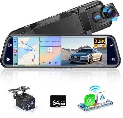 Alpinetech 9,66 Zoll 2,5K Rückfahrkamera Spiegel mit Wireless CarPlay Android Auto, Spiegel Dashcam mit Einparkhilfe Loop-Aufnahme Bluetooth Mirror Link AUX SD-Karte HD Touchscreen, Schwarz