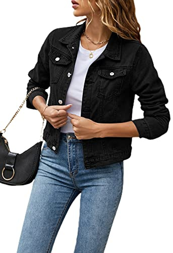 Fiacafyo Women's Denim Jackets Solid Color Button Down Coat Jacket Vintage Casual Long Sleeve Denim Jacket With Pockets (A-Black, M)