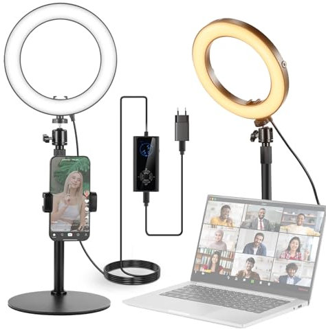 NEEWER 8 18W Aro Luz Escritorio Alta Potencia con Stand & Soporte Móvil,Aro Luz Circular Selfie para iPhone Streaming Vlogging Grabación Iluminación Kit para Videoconferencia Portátil Zoom Call,RH8B