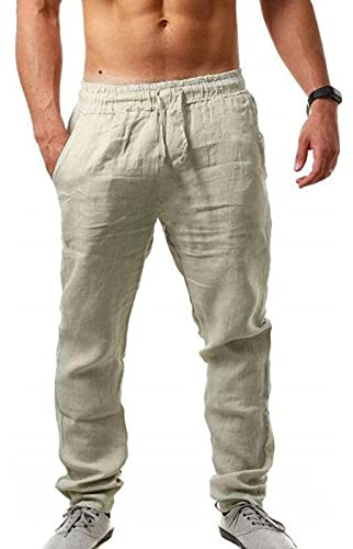 Casuayaloo Men's Linen Trousers Summer Beach Casual Trousers Solid Color Pants with Elastic Waistband Khaki XL