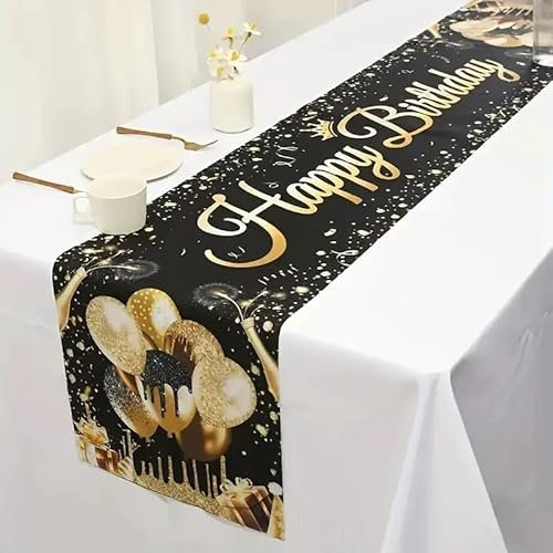 40th 50th 60th Birthday Table Runner Black Gold - Pangogogo 180x35cm Premium Happy Birthday Party Decor for Adults, Elegant Polyester Tablecloth with Golden Balloons & Fireworks