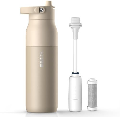 BRITA LARQ Essential Filter Trinkflasche (beige, 1 l) Edelstahl Wasser-Flasche, doppelwandige Isolierung (24h kalt), spülmaschinengeeignet inkl. Filter Upgrade-Kit