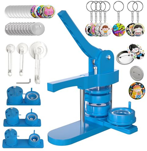 Pin Maker, Button Maker Machine Multiple Sizes (1+1.25+2.25'') with 300 Buttons, 30 Fridge Magnets, 10 Bottle Openers, 10 Keychains, 3 Circle Cutters, Button Badge Pin Press Machine (353Pcs, Blue)