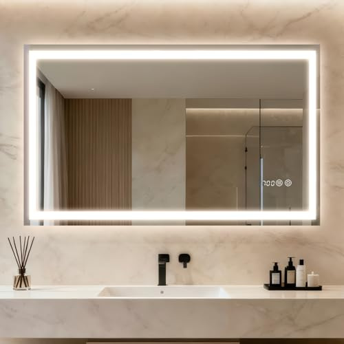 Clevich Badrumsspegel med belysning och klocka 100 × 60 cm, LED-spegel med 3 ljusfärger dimbar, härdat glas och digitalklocka, pekbrytare, minnesfunktion, dimfri, badrumsspegel med ljus