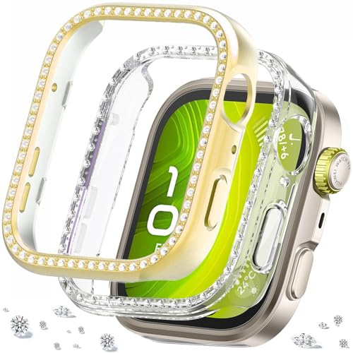 DEALELE [2-pack klockfodral kompatibelt med Huawei Watch FIT 4 Pro, glitter strass diamant PC skyddande hölje ersättning klockor skyddskåpa tillbehör för män kvinnor (guld + transparent)