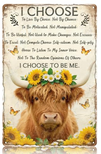 WADORN Targa in metallo con mucca delle Highland, 20,3 x 30,5 cm, scritta in lingua inglese I Choose To Be Me, divertente cartello artistico da parete con citazioni motivazionali, per casa, ufficio
