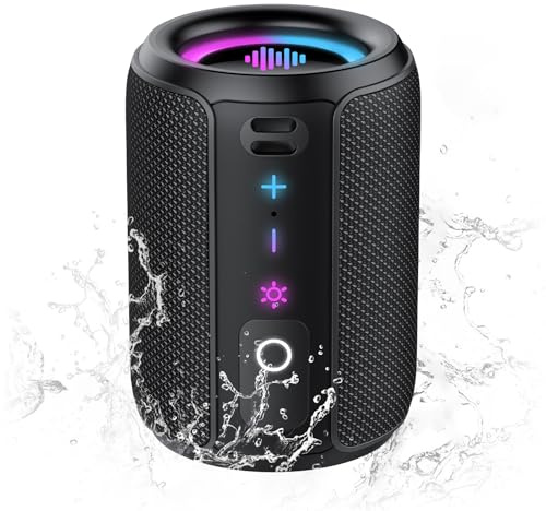 Altavoz Bluetooth Potente 5.4, 15W Pequeño Portatil Altavoz Bluetooth, Luces LED de Colores Inteligentes, 360° Sonido Estéreo TWS, 12H de Reproducción, Impermeable IPX7, para Exterior/Viajes/Fiestas