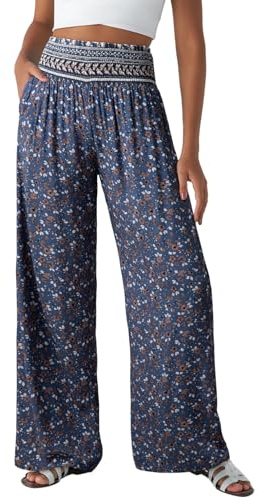 Dokotoo Ladies Trousers Women's Summer Boho Floral Wide Leg High Waist Smocked Bagyy Palazzo Pants for Women Loose Casual Pant with Pocket S-XXL