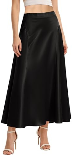HOTIAN Jupe longue en satin pour femme - Taille haute - Couleur unie - Jupe midi - Jupe d'été - Jupe d'affaires - Jupe de fête