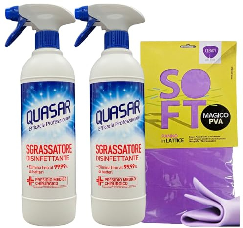 SET QUASAR: Spray SGRASSATORE DISINFETTANTE Ideale Per Cucina, Bagno e Capi D'Abbigliamento 580ml + Panno In Lattice SOFT, Formato 30x30Cm (2 Spray + 1 Panno)