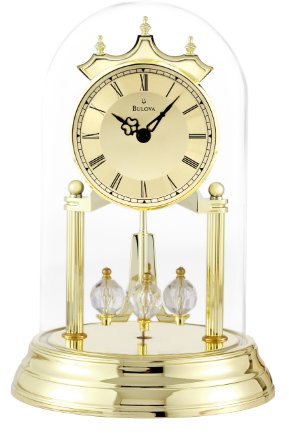 Bulova Tristan I Desk and Table Clock | Model B8818 | Polished Brass Finish | Polished Metal Base | Floating Dial | Roman Numerals | Elegant Pendulum Design