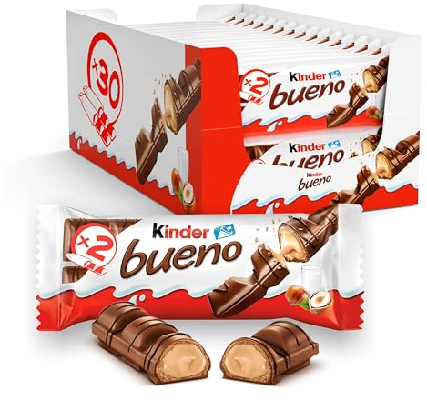 Kinder bueno – Schokoriegel mit knuspriger Waffel, Milch-Haselnuss-Creme und Vollmilchschokolade – 30 Packungen mit je 2 Einzelriegeln (30 x 43 g)