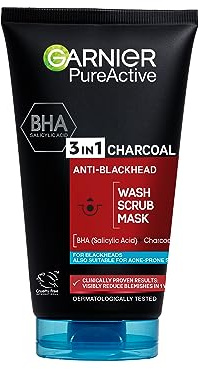 Garnier Pure Active 3in1 Charcoal Anti-Blackhead Mask Wash Scrub, for Oily Spot Prone Skin, Enriched with Salicylic Acid to Purify, Unclog Pores and Mattify 150ml