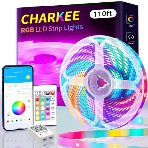 CHARKEE 110FT LED Strip Lights for Bedroom, RGB Color Changing Lights with Music Sync, Bluetooth App & Remote Control, 24V LED Light Strip for Room, Kitchen, Party & Home Decor (1 Roll)
