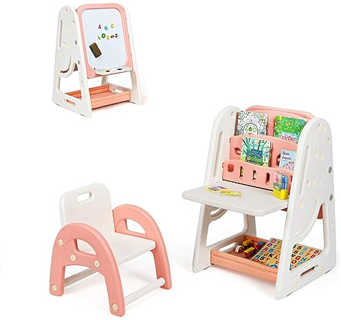 COSTWAY 2 en 1 Chevalet Enfants Magnétique avec Hauteur Réglable, Tableau à Dessin Double Face en HDPE avec Tabouret, Bureau Pliable, Etagère de Rangement, Chiffres Aimantés pour 3 Ans+(Rose)
