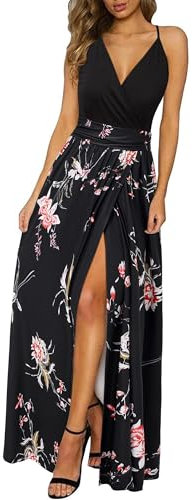 Newshows Sommerkleid Damen Lang Maxikleid Sommer V Ausschnitt Kleid Schlitz Freizeitkleid Elegant für Hochzeitsgast (Floral 26,Klein)