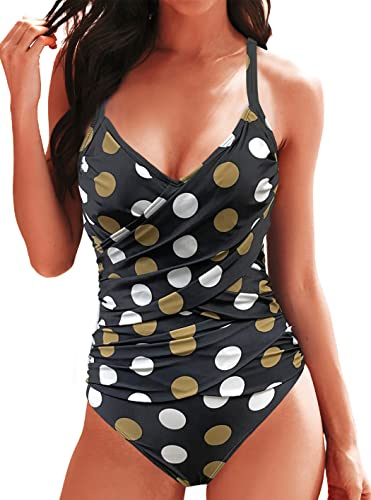 Rayson Bañadores Mujer Reductores Vientre Plano con Relleno Talla Grande Trajes de Baño Una Pieza Fruncido Cuello en V Bañador Reductor Mujer Espaguetis Ajustables(Lunares Negros,S)