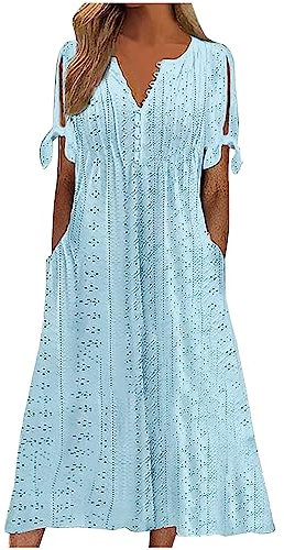 AMhomely Boho Vintage Summer Dress for Women UK - Loose Short Sleeve Beach Swing A-Line Bohemian Floral Print Tunic With Pockets - Bridesmaid Daily Wear - Soft Blue, XL