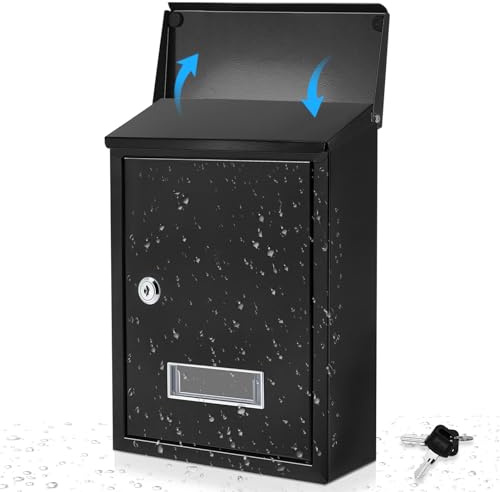 Amylove Weatherproof Mail Boxes with Key Lock, Security Locking Wall Mount Metal Mailbox with Slot for Outside, Large Capacity for Mail, Packages, Donations, Voting 11. 8h x 8. 3l x 2. 8w, Black