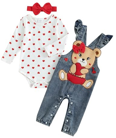 Loalirando Toddler Baby Girl Valentine's Day Clothes Set Heart Print Long Sleeve Romper with Bear Embroidery Denim Overalls Pants Headband (White, 3-6 Months)