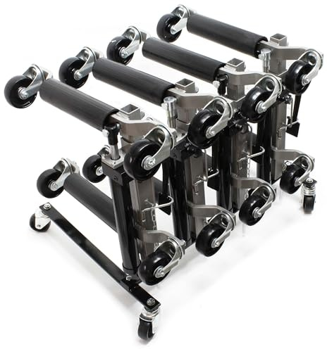 Wiltec set de almacenamiento para 4 ayudas de maniobra y 4 gatos, Barra antivuelco, gato de maniobra hidráulico carga de hasta 680 kg cada uno hasta 30 cm de ancho de neumático