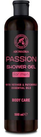 Gel Doccia Uomo Passion 500ml - Gel con Olio Essenziale di Vetiver - Olio Essenziale di Patchouli - Cura della Pelle - Aroma Maschile - Detersione e Cura - Fragranza Fresca