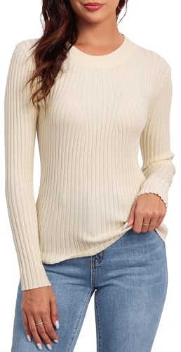 Famulily Women's O-Neck Rib Knitted Light Jumpers Slim Fitted Long Sleeve Pullovers Sweater Tops (M, Beige)