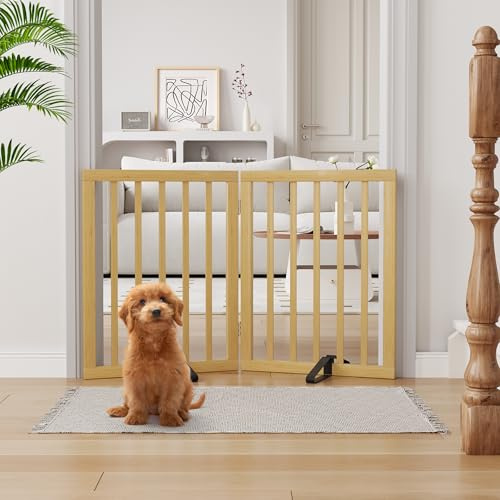 Semiocthome bambu fristående hundgrindar för dörröppningar, 2-paneler inomhus valpgrindar för huset med 2 metallställ, 60 cm (H) hopfällbar husdjursgrind för trappor expanderar upp till 94 cm (B