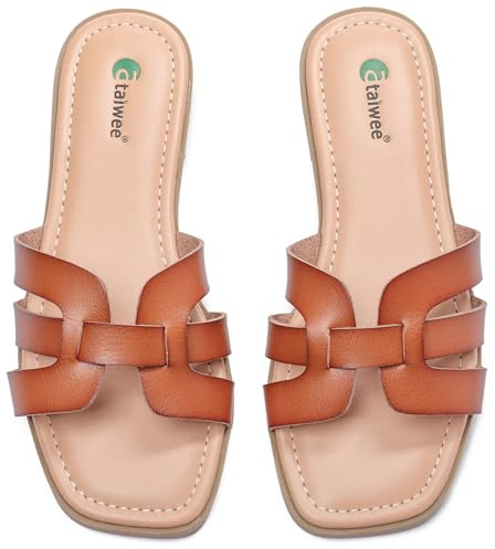 Ataiwee Women's Dressy H Flat Slide Sandals Faux Leather slippers,Brown,11