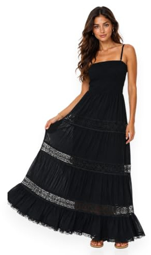 San Vera Summer Dresses for Women – Smocked Bandeau Holiday Dress with Soft Lining & Crochet Trim – Lightweight Sundress for Beach, Travel & Casual Days – Black, White, Blue