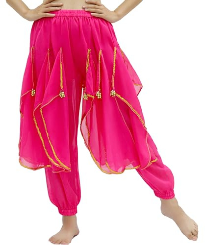 Baisdan Kids Girl Harem Pants Belly Dance Costume India Arab Dancing Tribal Wavy Pants Trousers Rose Red