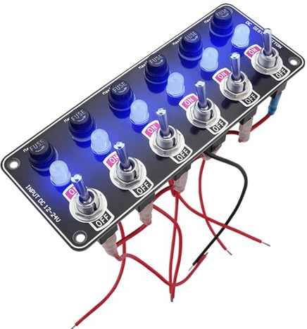 Panel de Interruptor de Palanca de 6 Vías, 12V/24V Panel de Palanca con Fusible 10A y Luz Indicadora, Interruptor de Palancas Marino Impermeable y a Prueba de Polvo para Coche Barco y Autocaravanas