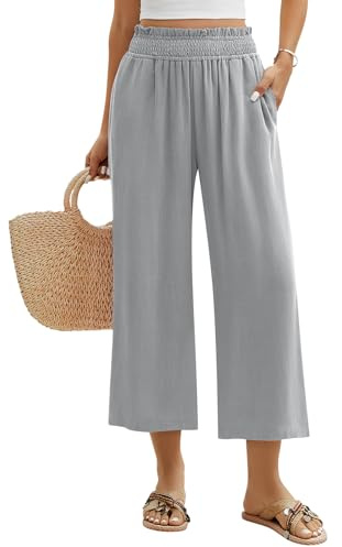 Niwicee Pantalones de Lino Mujer Algodón Pantalón Palazzo Pantalones Casual Sólido Suelto Verano Cintura Alta Elástico Pantalón de Pierna Ancha 3/4 con Bolsillos (Gris, XXL)
