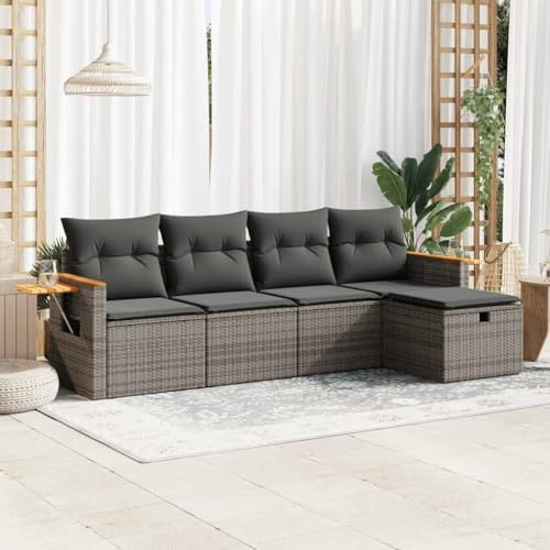 Holamys Ensemble de 5 canapés de jardin, gris, en rotin synthétique, pour terrasse et balcon, groupe de sièges modulaires avec espace de rangement, meubles d'extérieur confortables, ensemble de