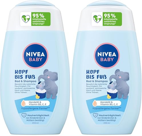 NIVEA BABY Kopf bis Fuß Bad & Shampoo, sanftes veganes Baby Shampoo für Haut und Haare mit Mandelöl, entspannendes Duschgel mit hypoallergener Formel ohne Parabene und Mikroplastik (200 ml)