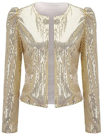 Generisk kort blazer, damer, festlig glitterjacka, damer, glitterjacka, trendig bolerojacka, glitter, strass, paljettjacka, stora storlekar, kvällsjacka, karneval, kostym, elegant kofta, Beige, XXL