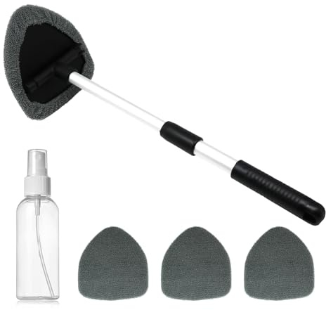 SECUREYVILL Strumento per Pulizia Parabrezza, Strumento per Pulizia Parabrezza Auto con 4 Tamponi in Microfibra e 1 Flacone Spray, Pulitore per Parabrezza con Manico Estendibile, Rotazione a 180 Gradi