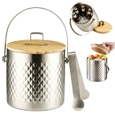 VETOLAKA Secchiello per ghiaccio in acciaio inox da 3,0 l, a doppia parete, isolato, con coperchio, per spumante, secchiello per ghiaccio con pinza, design sigillato, per bar, feste, casa, venature