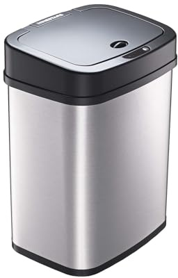 Ninestars 3 Gallon Automatic Trash Can, 12L Touchless Motion Sensor Bathroom or Bedroom Garbage Can with Odor-Sealing Lid, Rectangular Stainless Steel Base, Black Lid